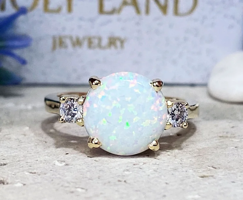 Agate Gemstone Rings in Sterling Silver with a Mosaic - Inspired Inlay for a Bohemian StyleWhite Opal Ring - Round White Opal Gemstone Statement Engagement Ring with Clear Quartz Accents Agate Gemstone Rings in Sterling Silver with a Mosaic - Inspired Inlay for a Bohemian StyleWhite Opal Ring - Round White Opal Gemstone Statement Engagement Ring with Clear Quartz Accents