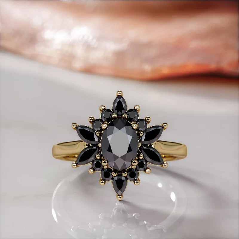 Cushion - Cut Women's Diamond Rings in Platinum with a Soft and Romantic AppearanceBlack Swan Floral Natural Black Diamond Oval Engagement Ring Cushion - Cut Women's Diamond Rings in Platinum with a Soft and Romantic AppearanceBlack Swan Floral Natural Black Diamond Oval Engagement Ring