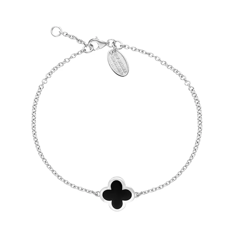 9ct White Gold Whitby Jet Bloom Four Leaf Clover Polished Edge Bracelet