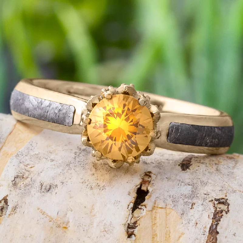 Men's Sapphire Engagement Rings in 18K White Gold with Pave Diamond AccentsLotus Flower Ring with Yellow Sapphire and Meteorite in Polished Gold Men's Sapphire Engagement Rings in 18K White Gold with Pave Diamond AccentsLotus Flower Ring with Yellow Sapphire and Meteorite in Polished Gold