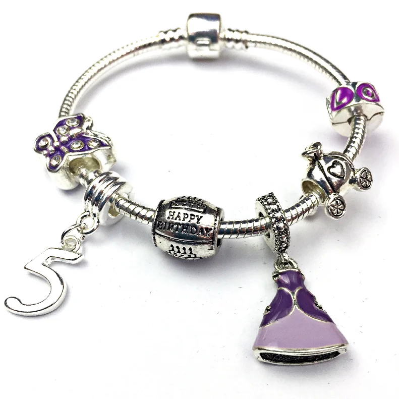 Chamm Bracelets with unique designsChildren's 'Purple Princess 5th Birthday' Silver Plated Charm Bead Bracelet Chamm Bracelets with unique designsChildren's 'Purple Princess 5th Birthday' Silver Plated Charm Bead Bracelet