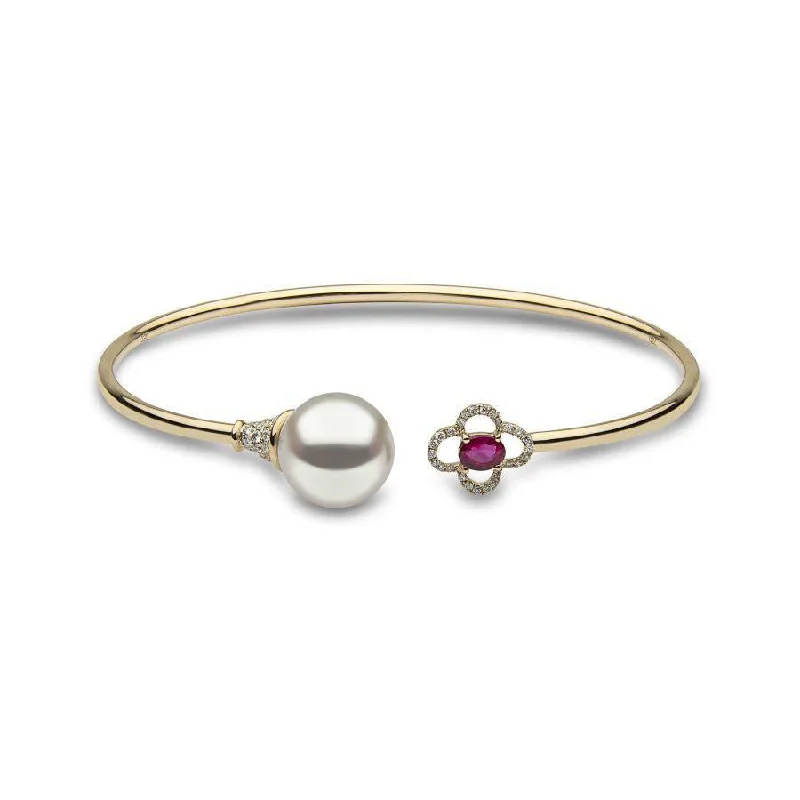 Clear Crystal - Embellished Bangles for a Sparkling and Elegant Appearance18ct Yellow Gold South Sea Pearl, Ruby & Diamond Set Bangle Clear Crystal - Embellished Bangles for a Sparkling and Elegant Appearance18ct Yellow Gold South Sea Pearl, Ruby & Diamond Set Bangle
