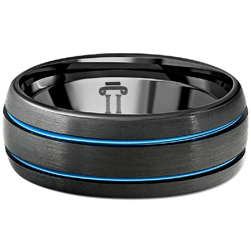 Custom - Engraved Titanium Wedding Bands with Personalized Messages for a One - of - a - Kind and Sentimental PieceMen's Black & Blue Two Line Tungsten Ring Brushed Ring 8mm Wedding Band Custom - Engraved Titanium Wedding Bands with Personalized Messages for a One - of - a - Kind and Sentimental PieceMen's Black & Blue Two Line Tungsten Ring Brushed Ring 8mm Wedding Band
