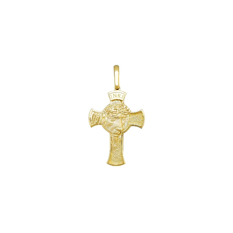 Textured Diamond cuts-Matte Jesus Head Cross Pendant (14K)